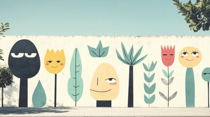 Cheerful floral and foliage mural on a wall.