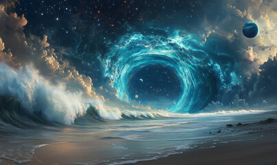 An epic scene of waves crashing on the beach, set in space with planets and stars, a blue portal opening up into another dimension, fantastical, cinematic, and realistic.