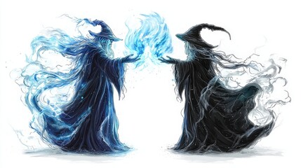 Fototapeta premium Duality of Light and Dark Magic in Fantasy Art with Mysterious Wizards Casting Spellbinding Energy