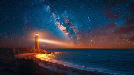 Obraz premium Lighthouse Beam Illuminates the Night Sky