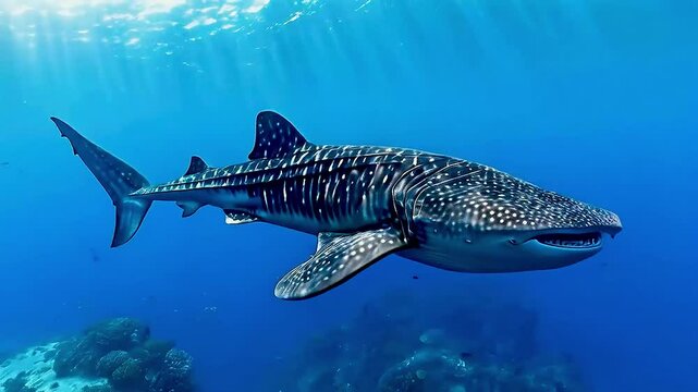 Magnificent whale shark gracefully gliding through the clear, blue ocean waters, showcasing its unique spotted pattern.