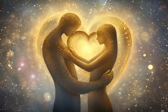 Ethereal beings of light embracing, their energies forming a heart surrounded by cosmic light