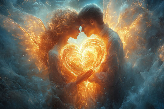 Ethereal beings of light embracing, their energies forming a heart surrounded by cosmic light
