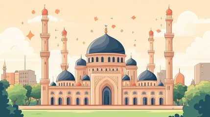 Obraz premium City mosque, minarets, domes, lush green trees.