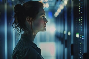 Naklejka premium Focused Woman in Modern Data Center