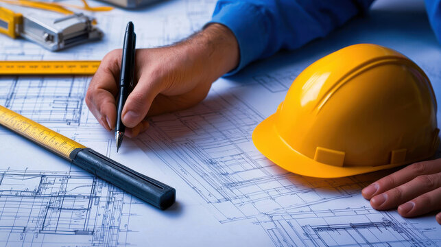 engineer planning structural maintenance inspection with blueprints
