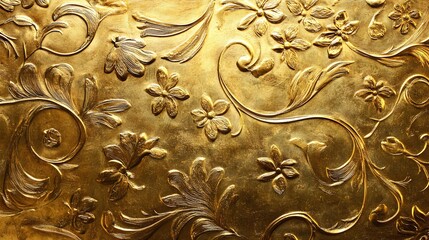 Golden Embossed Floral Design Background Texture
