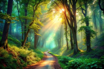 Obraz premium Double exposure magic: sunbeams pierce a mystical woodland, creating a breathtaking forest path.
