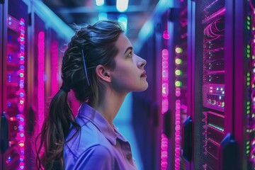 Naklejka premium Young Woman Examining Servers in Data Center