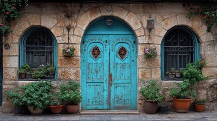 Charming Stone Building with Vibrant Blue Doors and Lush Potted Plants