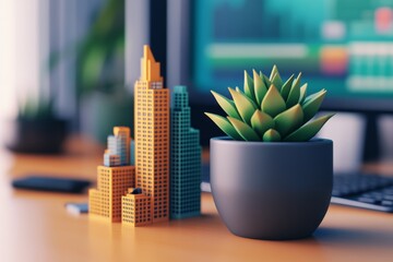 Desktop miniature city with potted plant and computer screen