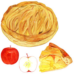 手描き水彩イラスト アップルパイ りんご セット / Hand-drawn Watercolor Illustration Apple Pie Apple Set