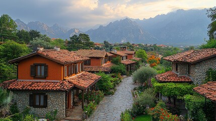 Fototapeta premium Mountain village houses, scenic path, blooming gardens, sunset
