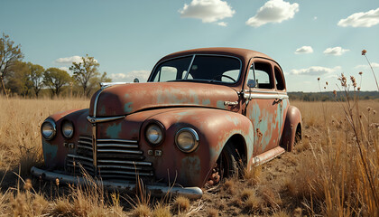 Fototapeta premium An old rusty car is parked in a field.