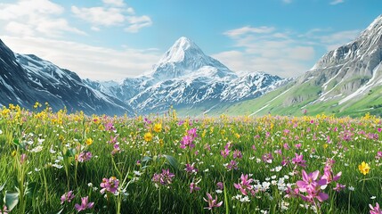 Obraz premium Vibrant wildflowers bloom in a lush alpine meadow, with a majestic snow-capped mountain peak as a backdrop under a bright blue sky.