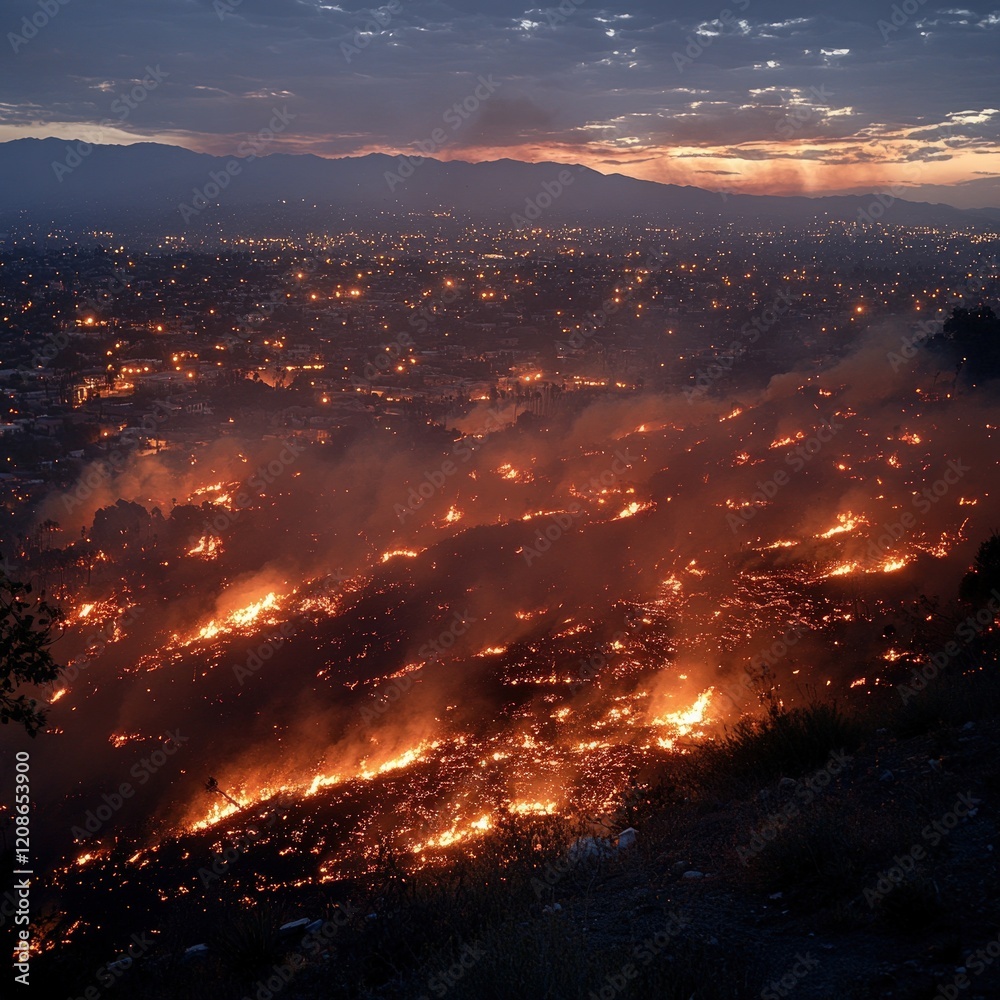 Poster Wildfire raging near city at sunset.