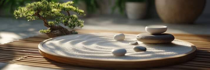 Minimalist interior design of modern Zen garden with bonsai tree and arranged pebbles
