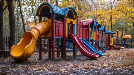 Colorful playground equipment stands empty in an autumn park setting