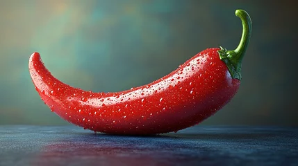 Close-up shot of a single red chili pepper with water droplets against a dark background