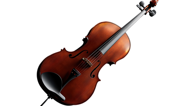 Cello in Focus: A rich, mahogany-colored cello, meticulously crafted,  rests on a white background. The instrument's graceful curves and intricate details are highlighted.