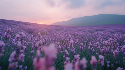 A vast lavender field stretches under a soft pastel sky, symbolizing endless possibilities with a modern, minimalist feel and bright tones, leaving space for blank captions

