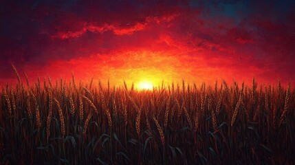 Fototapeta premium Fiery sunset over golden wheat field.