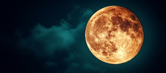 Naklejka premium Night sky, full orange moon, clouds. Mystical backdrop