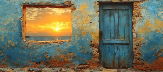 Naklejka premium Ocean sunset view from rustic building; old door, window, travel
