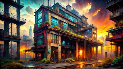 Fototapeta premium Efficient data processing powers an AI system creating evocative urban exploration photography.