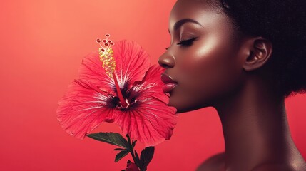 Fototapeta premium Elegant Woman with Red Hibiscus Flower Against Rich Red Background, Highlighting Beauty and Nature