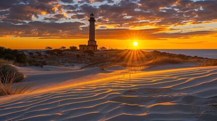Fototapeta premium Golden Hour at the Lighthouse Seascape with Sandy Dunes and Dramatic Sunset, Travel Photography