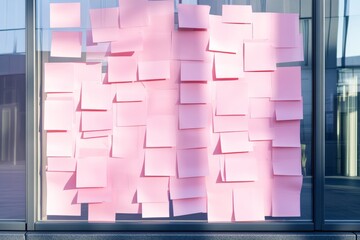 Pink sticky notes cover glass window in sunlit office
