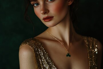 Elegant woman in sparkling gold dress with shamrock necklace