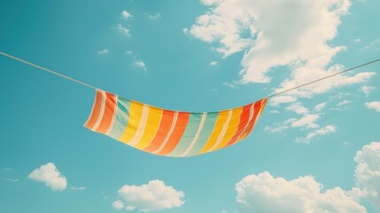 Colorful Striped Towel Hanging Under Bright Blue Sky with Fluffy Clouds on a Sunny Day