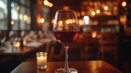 Wine glass with red wine, close-up of wine swirling in the glass, soft lighting in a cozy restaurant