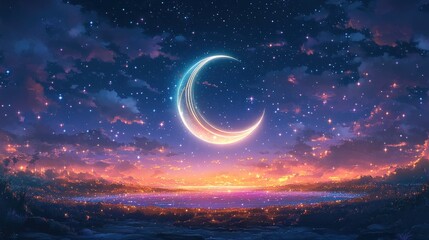 Crescent moon, starry night, glowing cityscape.