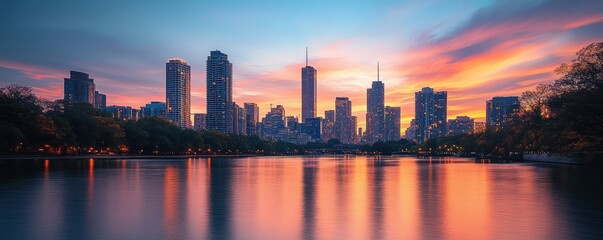 Obraz premium A breathtaking panoramic view of a modern city skyline with towering skyscrapers at sunset, reflecting beautifully on the tranquil river surface below, framed by vibrant tree silhouettes.