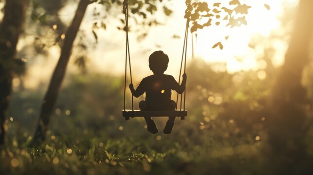 Child's silhouette on a swing at sunset in a forest.