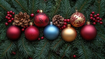 Fototapeta premium Festively decorated Christmas ornaments and pinecones with fir branches create a colorful and vibrant holiday-themed arrangement representing seasonal joy.