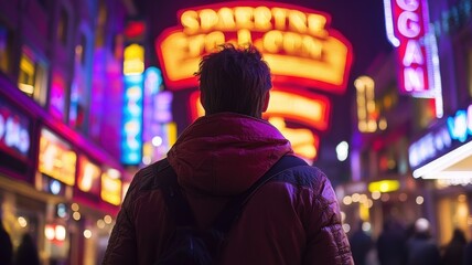 Obraz premium A person stands in a vibrant, illuminated street filled with colorful neon signs, creating a lively urban atmosphere.