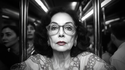 A captivating monochrome portrait of an elegantly dressed woman with glasses, seated in a bustling subway train interior, exuding sophistication.