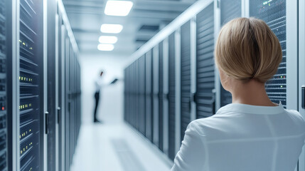 Data center future technology concept. High-tech server room with technicians optimizing IT in data center.