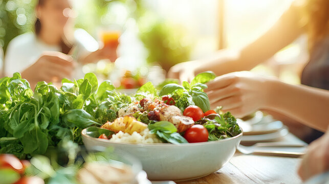 Diverse wellness dining. Group of friends enjoying a plant-based meal together. - Powered by Adobe