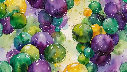  Mardi Gras Watercolor Background With Bubbles or Beads