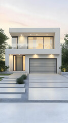 Modern House Exterior Shows Clean Lines, Large Windows, and a Two-Story Design with Landscaped Yard at Dusk