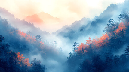 Fototapeta premium Misty Mountain Valley Autumn Sunrise Landscape