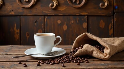 A pristine white coffee cup brimming with aromatic coffee, elegantly perched on a matching porcelain saucer to its left, capturing the warmth and allure of your morning brew
