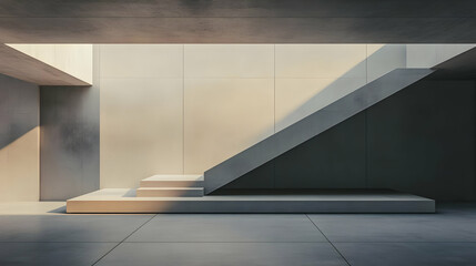 Modern Minimalist Interior with Concrete Staircase and Platform in a Room with Sunlight