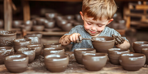A Young Child Learns Pottery Making with Clay Enthusiastically in a Workshop Skillfully