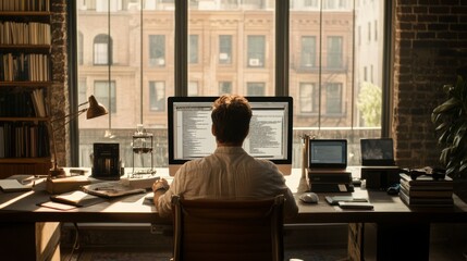 Fototapeta premium Man works at home office desk with computers, books, and city view.